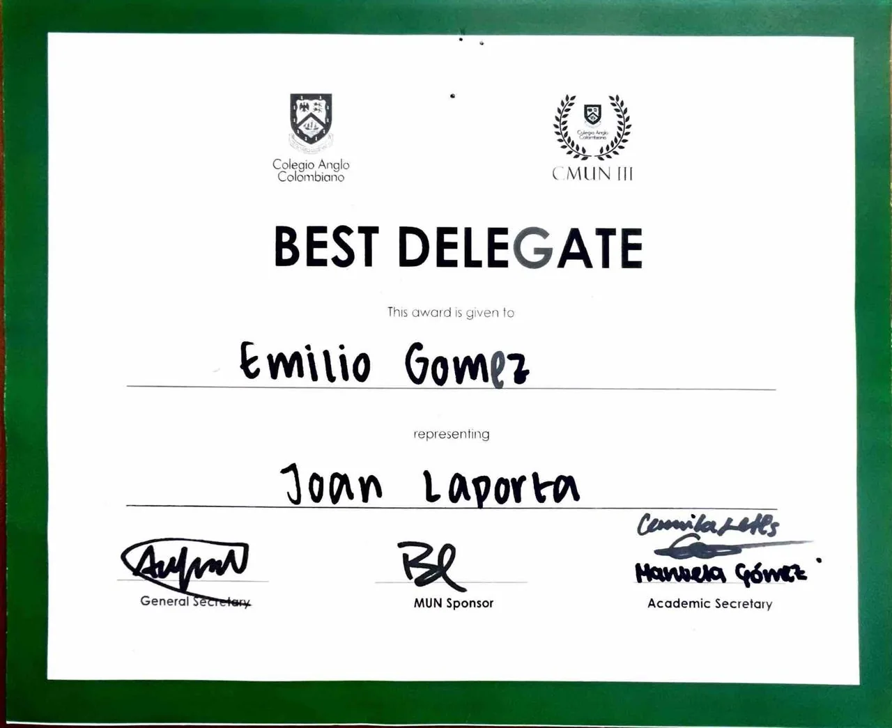 Best Delegate · CMUN III certificate