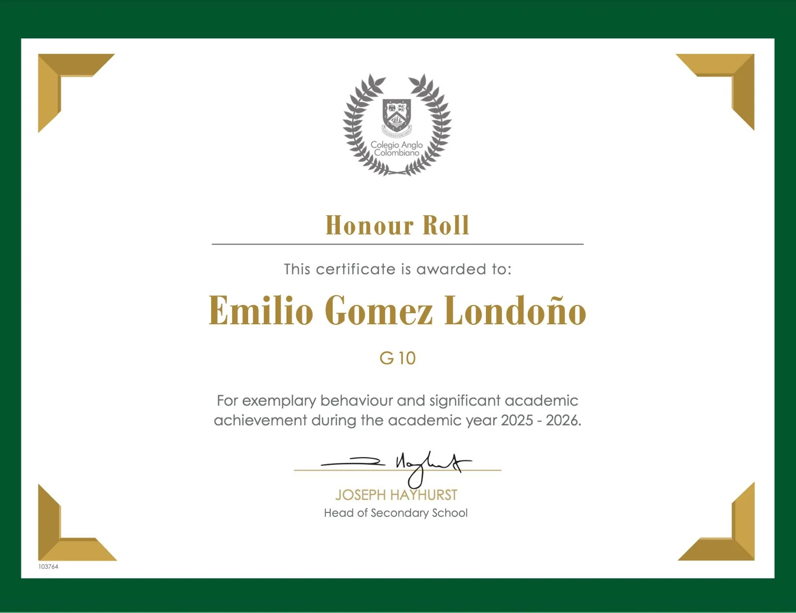 Award certificate