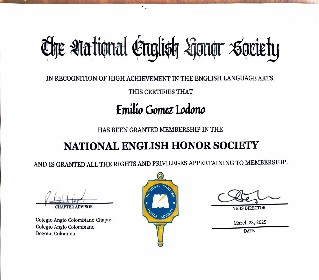 National English Honor Society certificate